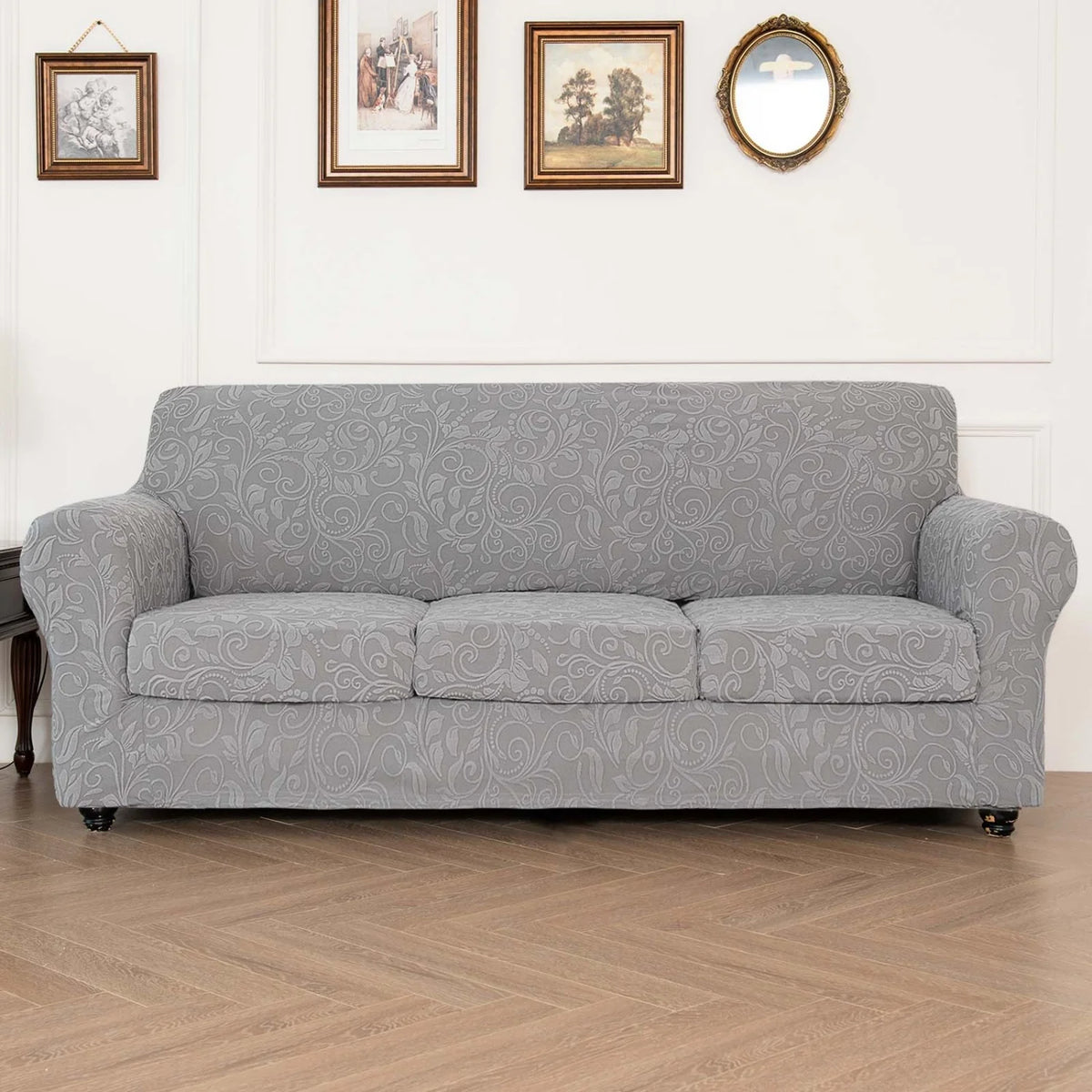 housse canapé gris clair motif floral moderne boutons élégants coussin inclusversible machine