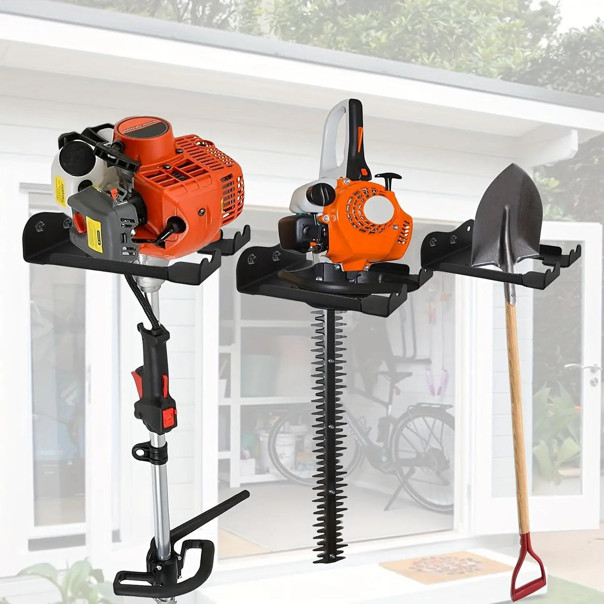 support mural outils jardin faucheuse taille haie noir industriel fixations vis chevilles murales électriques