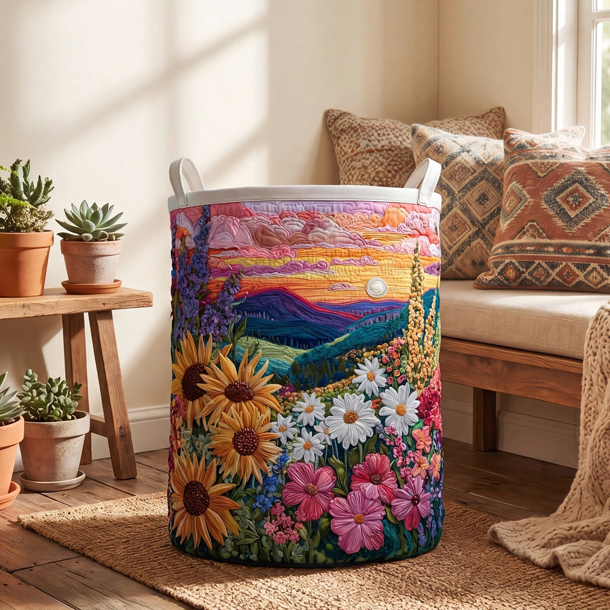 panier linge pliable multicolore paysage floral moderne anneaux métalliques poignées réutilisable polyester chambre enfant