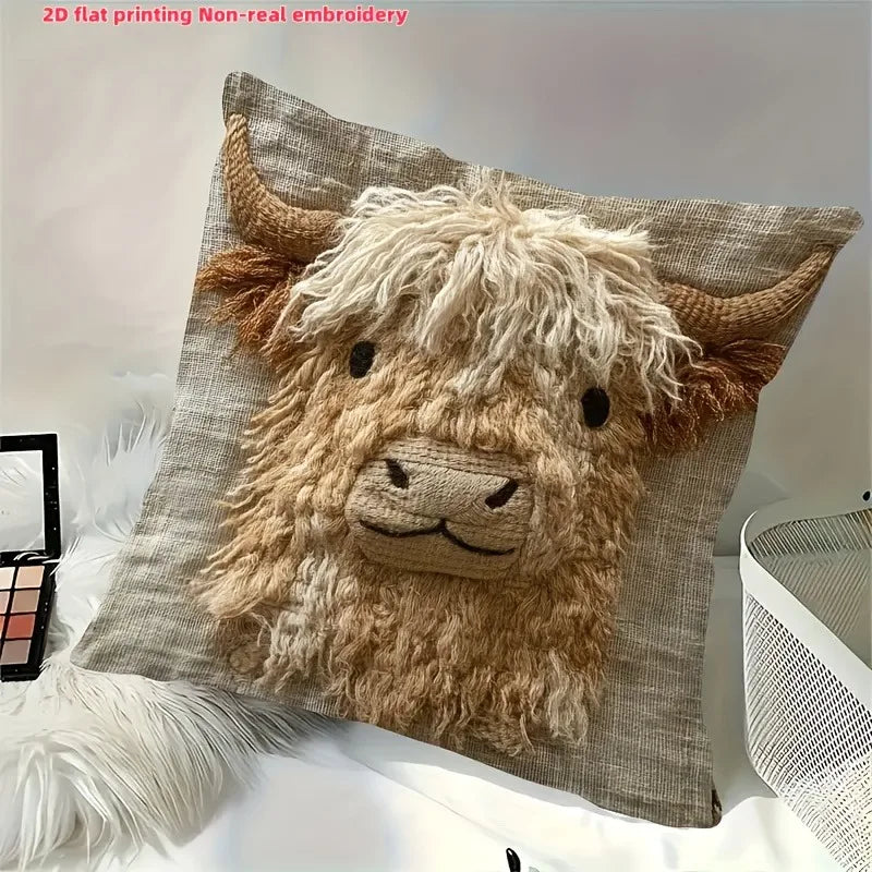 coussin imprimé 3d vache highlands moderne beige marron clair tissu polyester peacheskin décoration maison