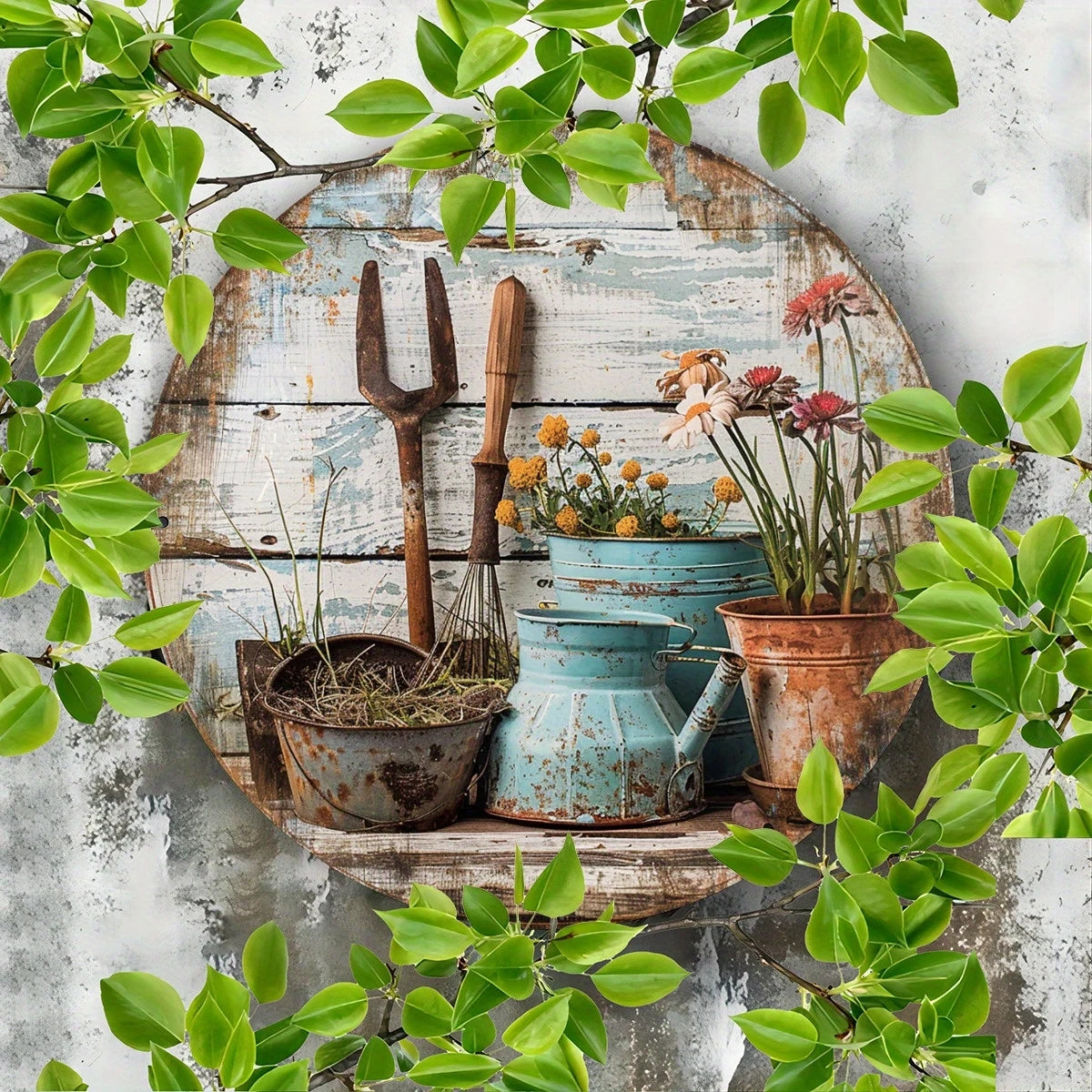 tableau mural rustique bois vieilli fleurs jardin outils bleu brun orange