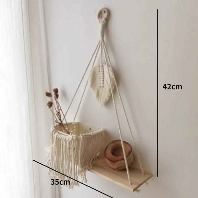 étagères suspendues macramé boho rustique étagères plantes vase céramique cadre photo coussin franges