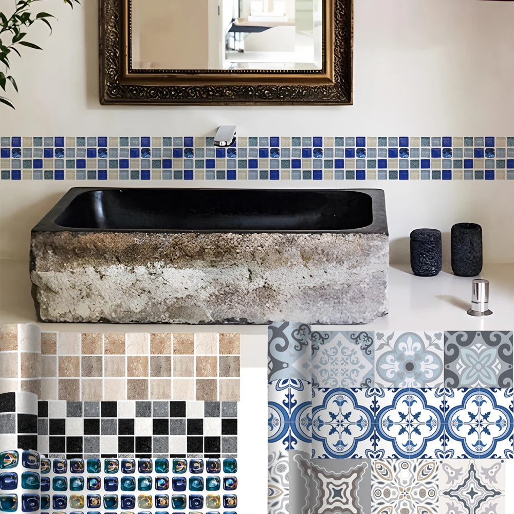 autocollants muraux carreaux mosaïque bleu gris beige modernes adhésifs salle bains cuisine plinthe décoration