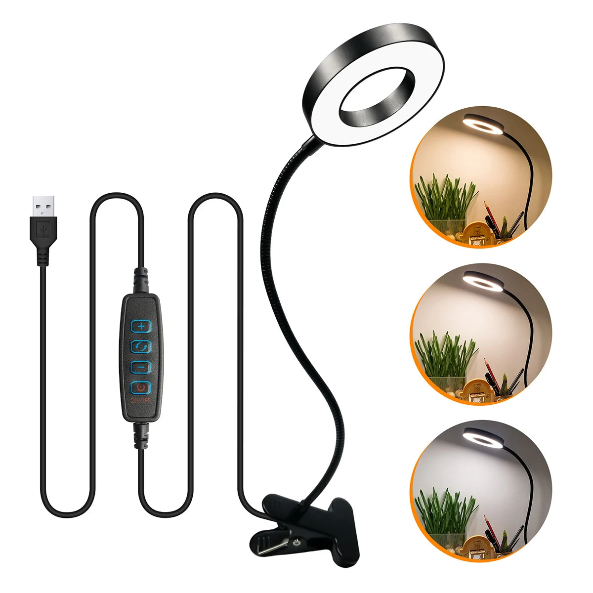 lampe clipable led anneau lumineux noir argenté moderne télécommande usb adjustable