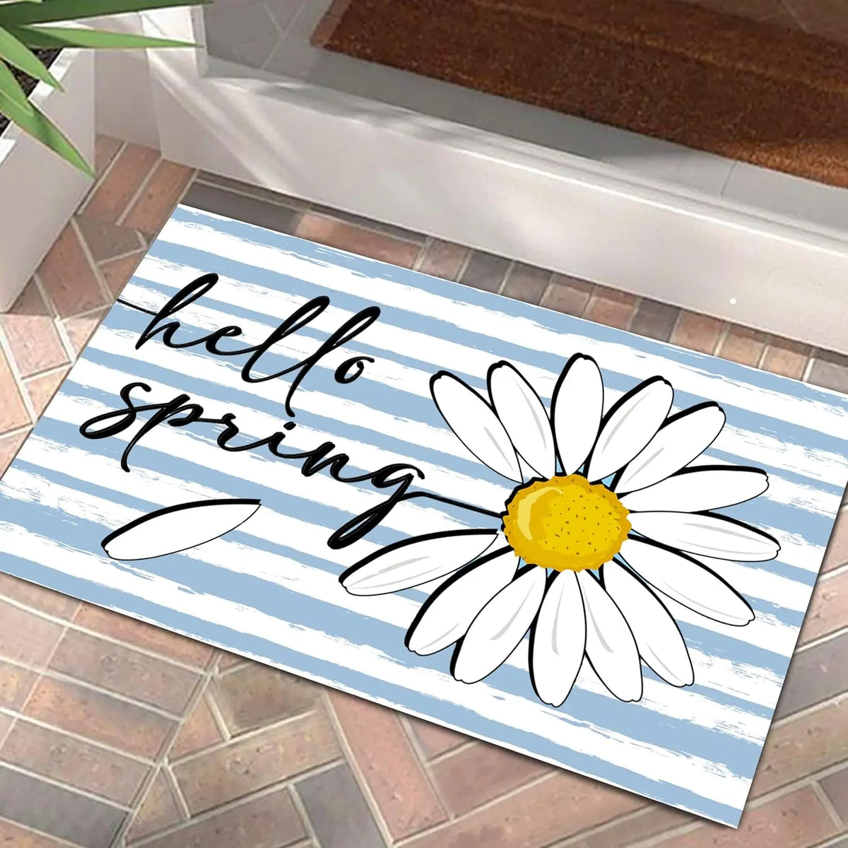 tapis antidérapant moderne motif marguerite hello spring blanc bleu jaune intérieur extérieur résistant lavage