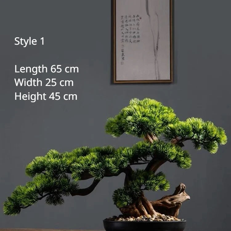 bonsaï artificiel vert clair arbre feuilles fines pot noir gravier blanc ornement extérieur classique
