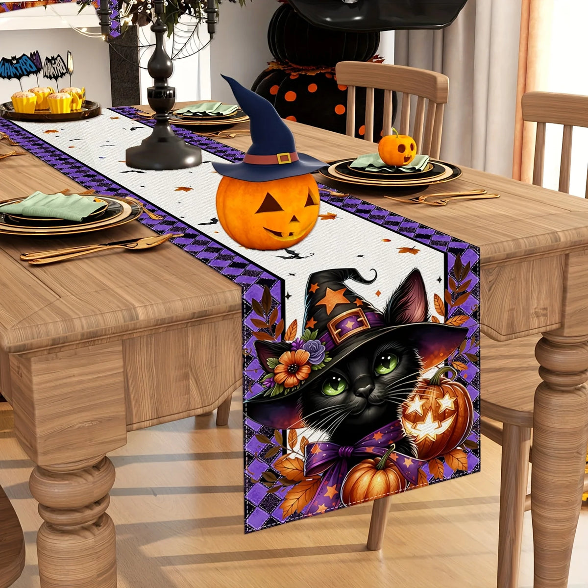 table cuisine halloween violet blanc citrouille chat chapeau sorcière feuilles automne