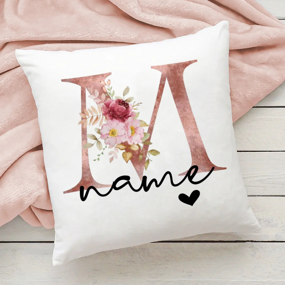 taie d'oreiller motif floral rose lettres initiales respectueux environnement moderne blanc