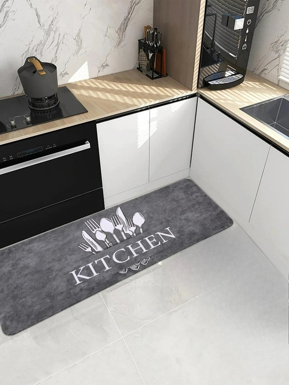 tapis non slip cuisine motif couverts gris moderne 40x120cm doux