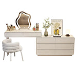meuble coiffeuse bois blanc moderne tiroirs miroir tabouret lampe maquillage chambre