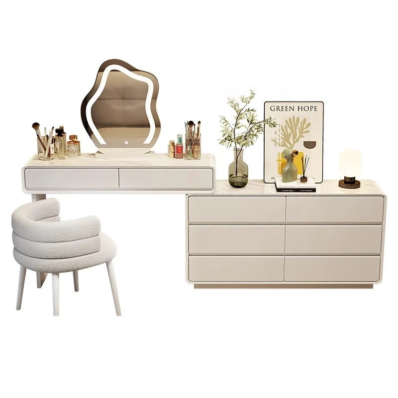 meuble coiffeuse bois blanc moderne tiroirs miroir tabouret lampe maquillage chambre