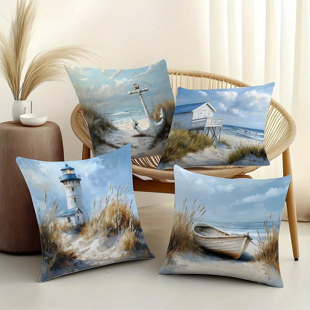 coussin decoratif plage phare bateau ancre ciel nuageux bleu blanc vert maison pilotisintérieur polyester