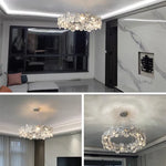 Suspension lumineuse moderne cristal transparent rond facettes chaînes métalliques salon chambre