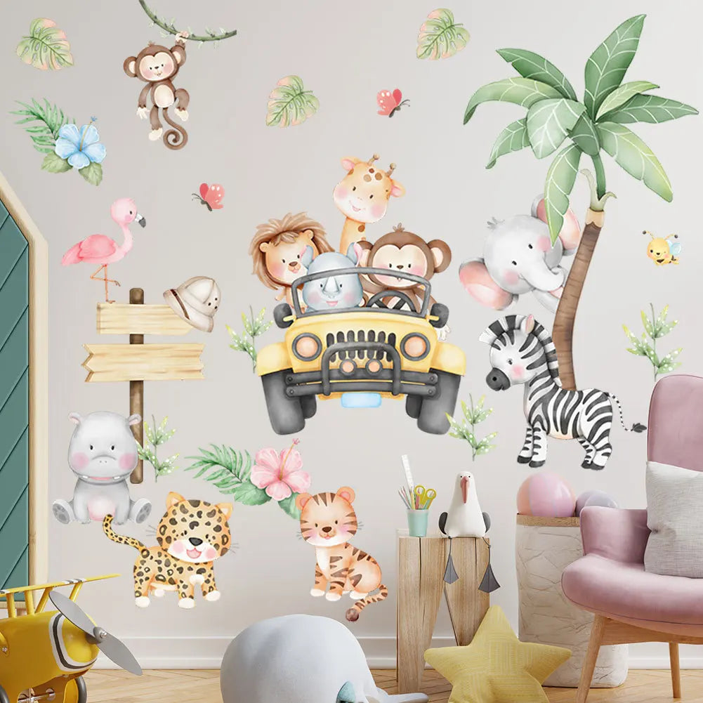 autocollant mural animaux forêt dessin animé décoration chambre bébé fille garçon sticker murale pvc