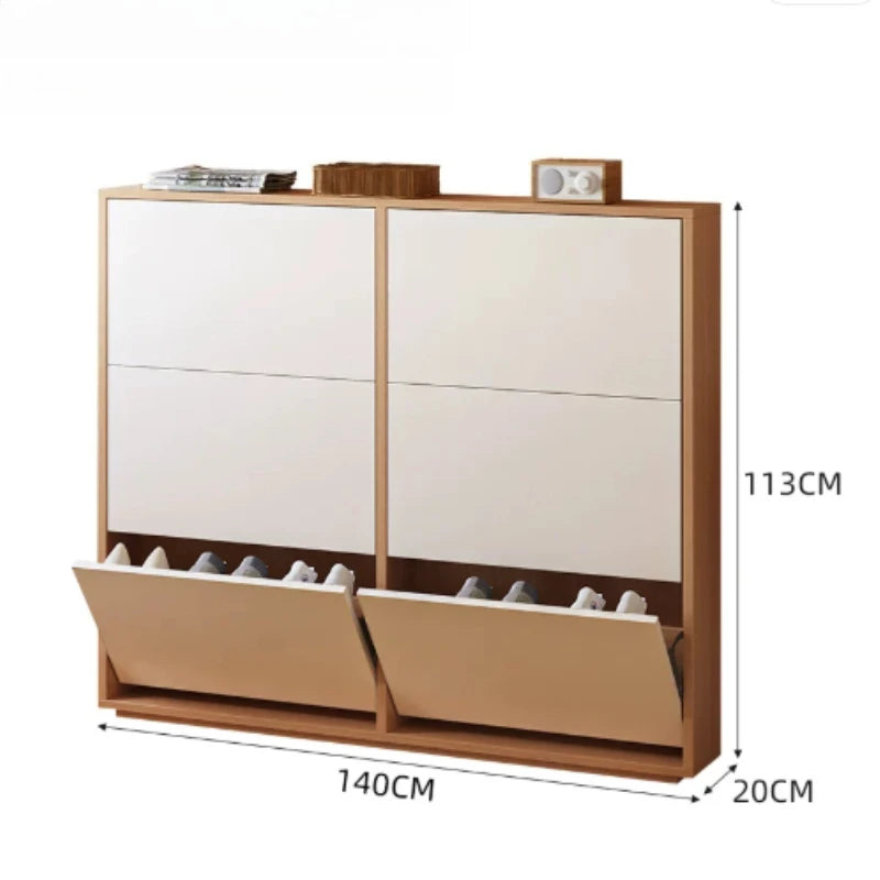 meuble chaussures moderne minimaliste blanc beige tiroirs étagères horloge porte clés 140x113cm