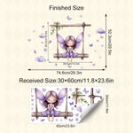 sticker mural illustration fée balançoire papillons coeurs nuages chambre enfant violet beige vert blanc
