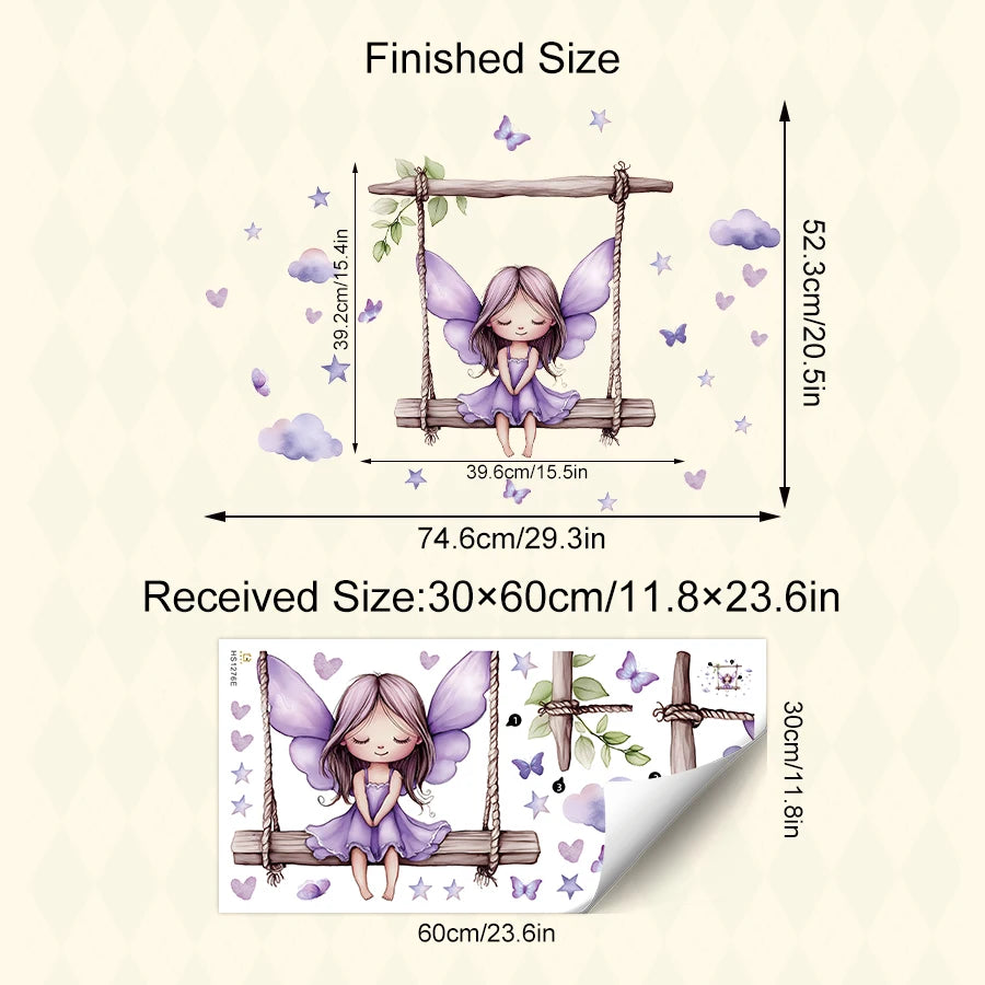 sticker mural illustration fée balançoire papillons coeurs nuages chambre enfant violet beige vert blanc