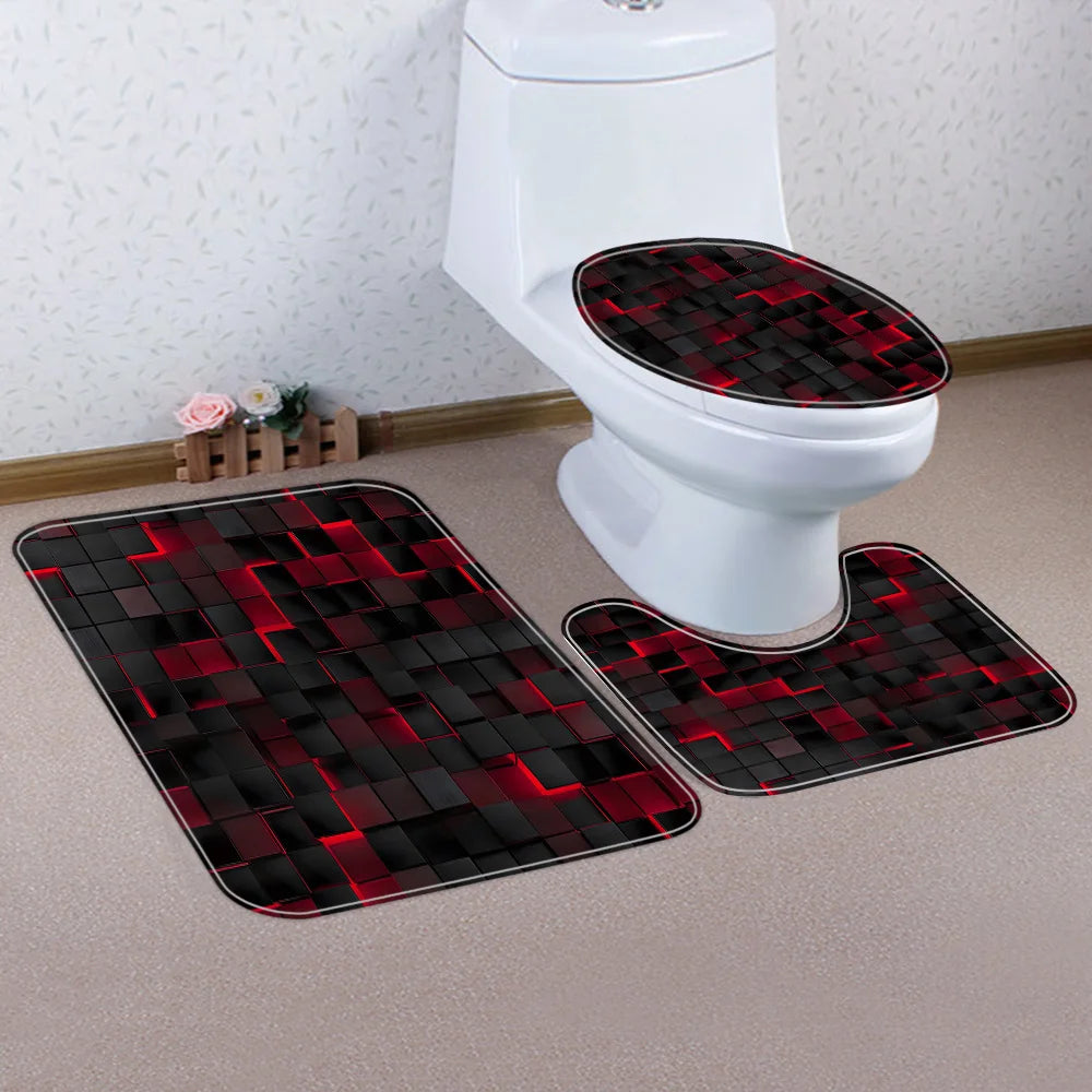 rideau douche géométrique moderne noir rouge tapis bain couvercle toilette 12 crochets