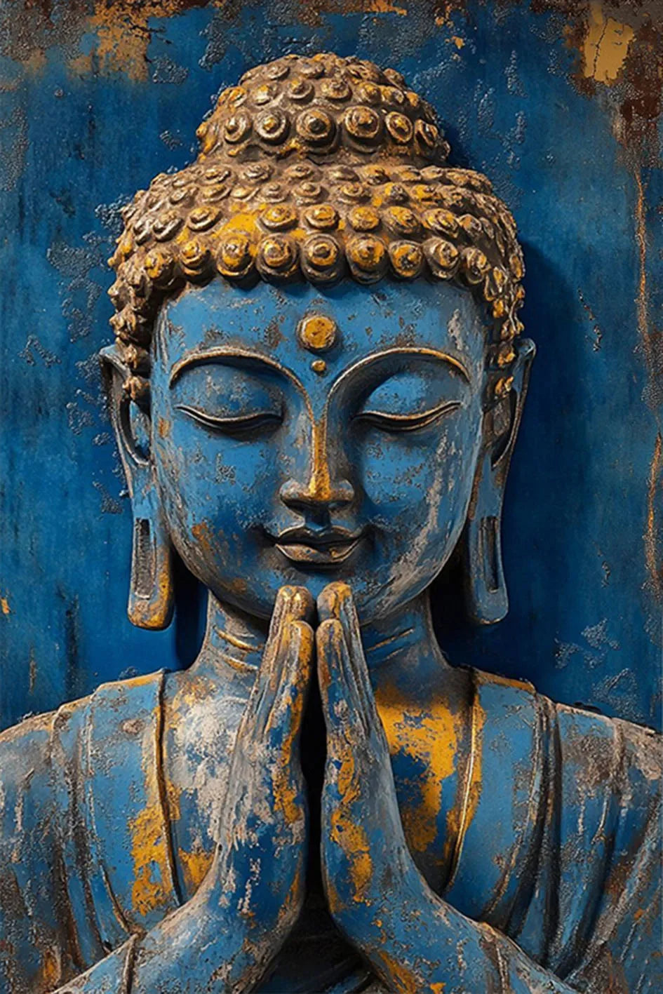 décoration murale plaque spirituelle bouddha bleu jaune relief vieilli fixations incluses vintage