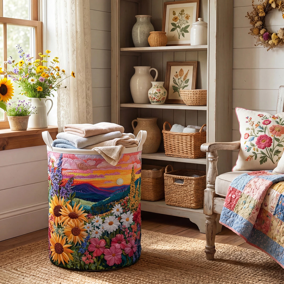 panier linge pliable multicolore paysage floral moderne anneaux métalliques poignées réutilisable polyester chambre enfant