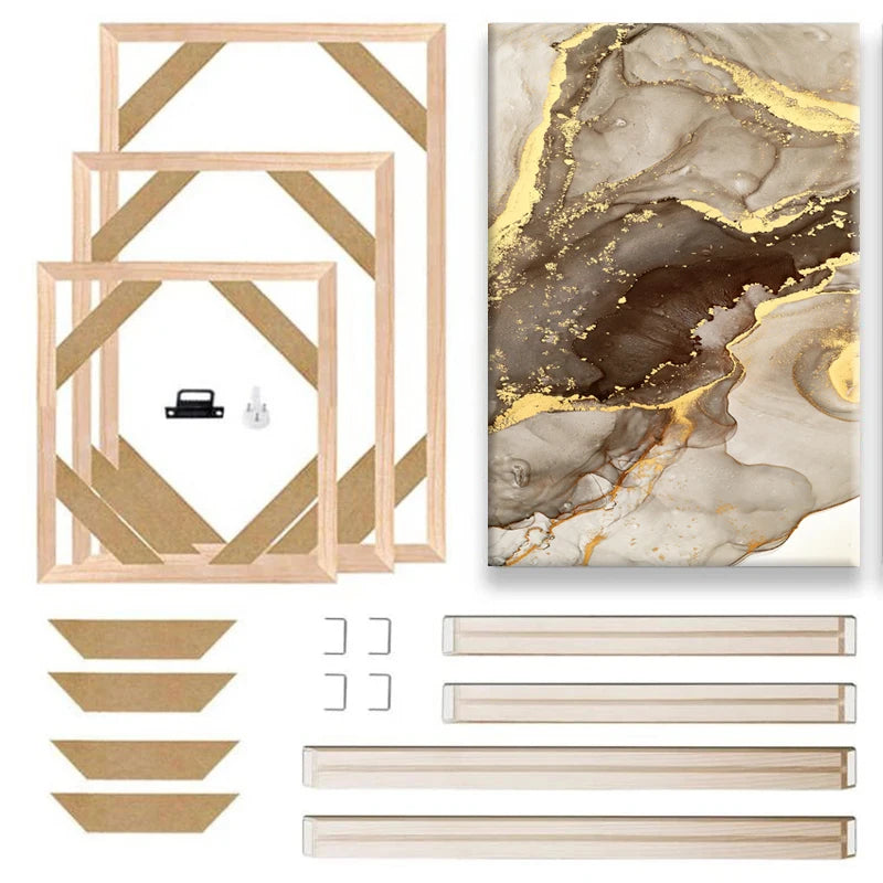 cadre mural bois moderne marbre doré clips adhésifs multiple tailles