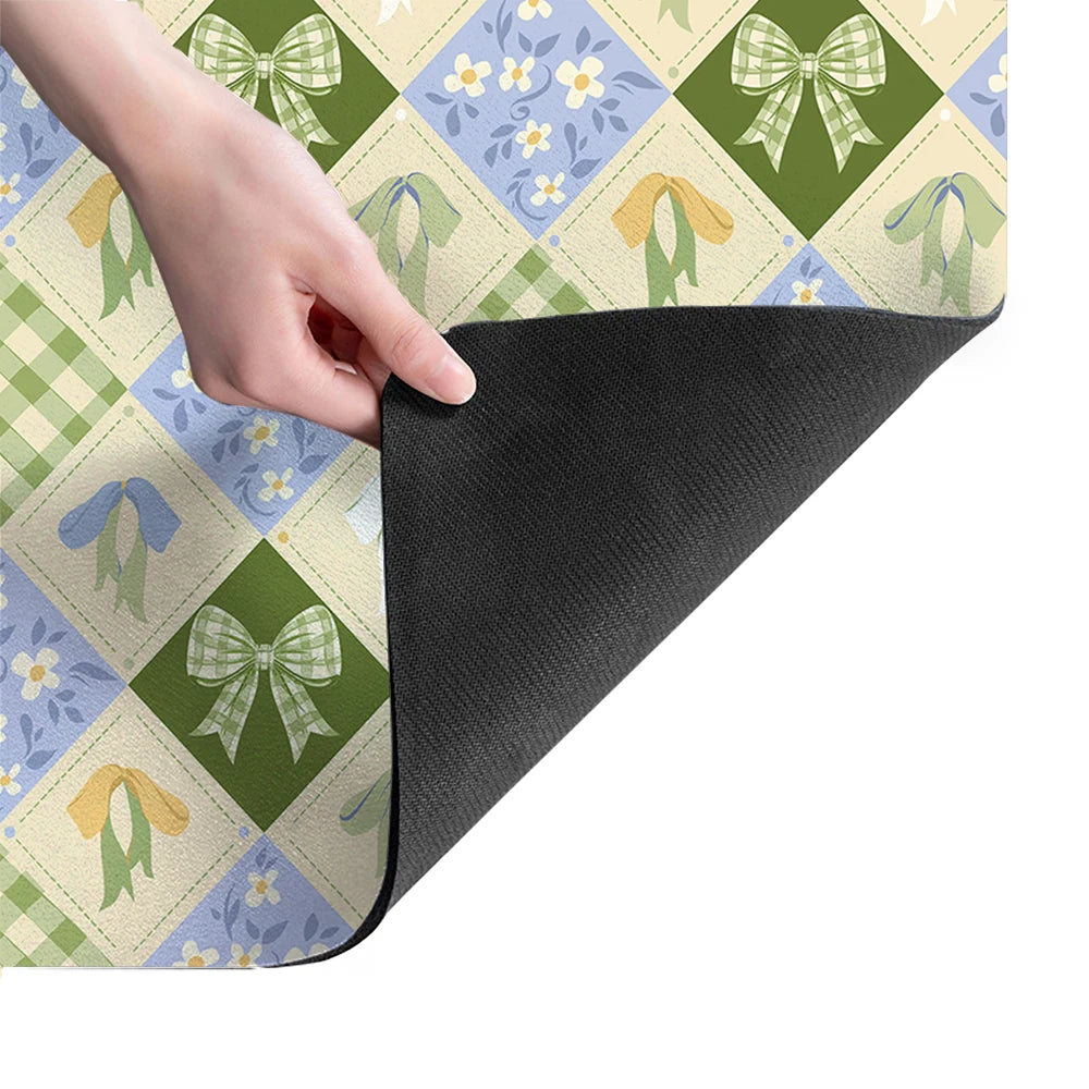 tapis cuisine absorbant polyestère patchwork motifs fleurs carreaux géométriques rose clair vert bleu