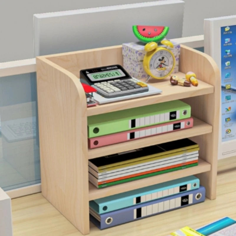rangements multi niveaux bois moderne calculatrice stylos classeurs horloge bleu vert rouge