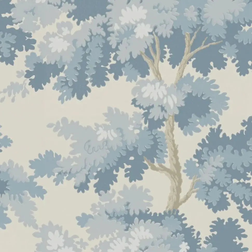 papier peint arbre stylisé forêt brumeuse bleu clair moderne respectueux environnement résistant humidité absorption