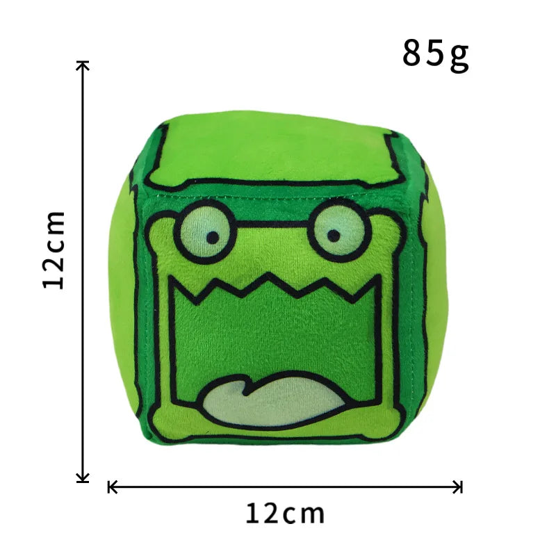 peluche cube dessin animé visage sourire couleur rouge jaune vert rose bleu noir