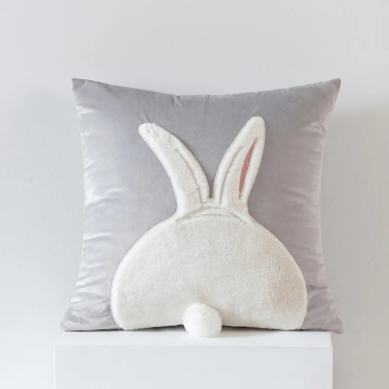 coussin gris clair motif lapin blanc mignon fermeture glissière ultra doux polyester coton jacquard