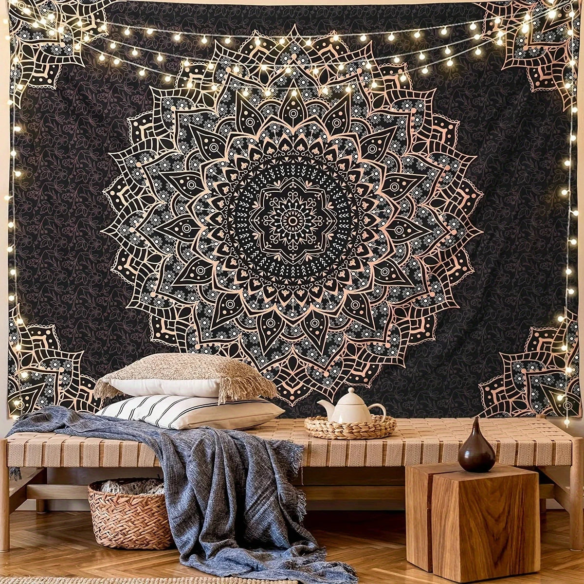 tapisserie mandala boho chic noir blanc rose doré géométrique living bedroom entryway coffee tea