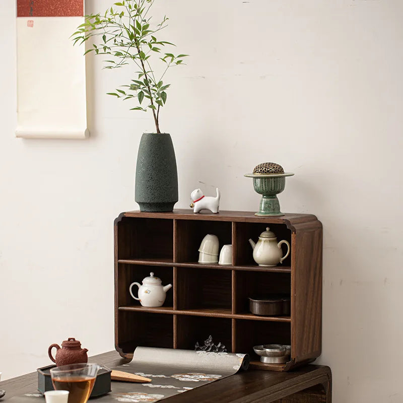 meuble compartiments marron foncé bois naturel moderne rangement objets décoration