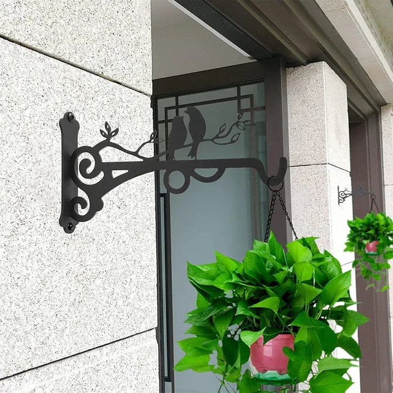 support plante suspendu oiseaux stylisés motifs floraux vis mural noir artisanal