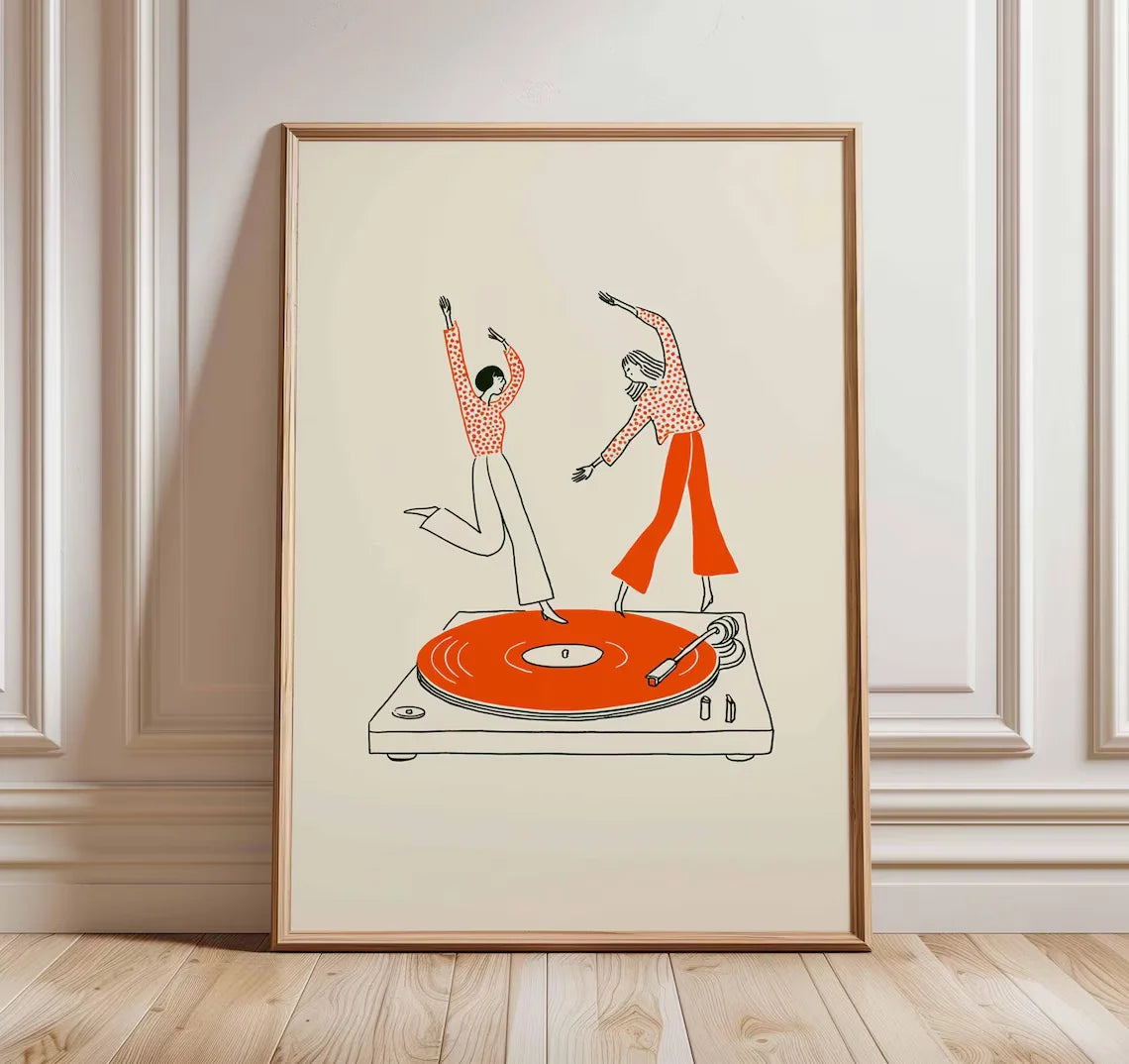 affiche moderne couple danse platine vinyle toile encadrée bois beige orange blanc gris marron
