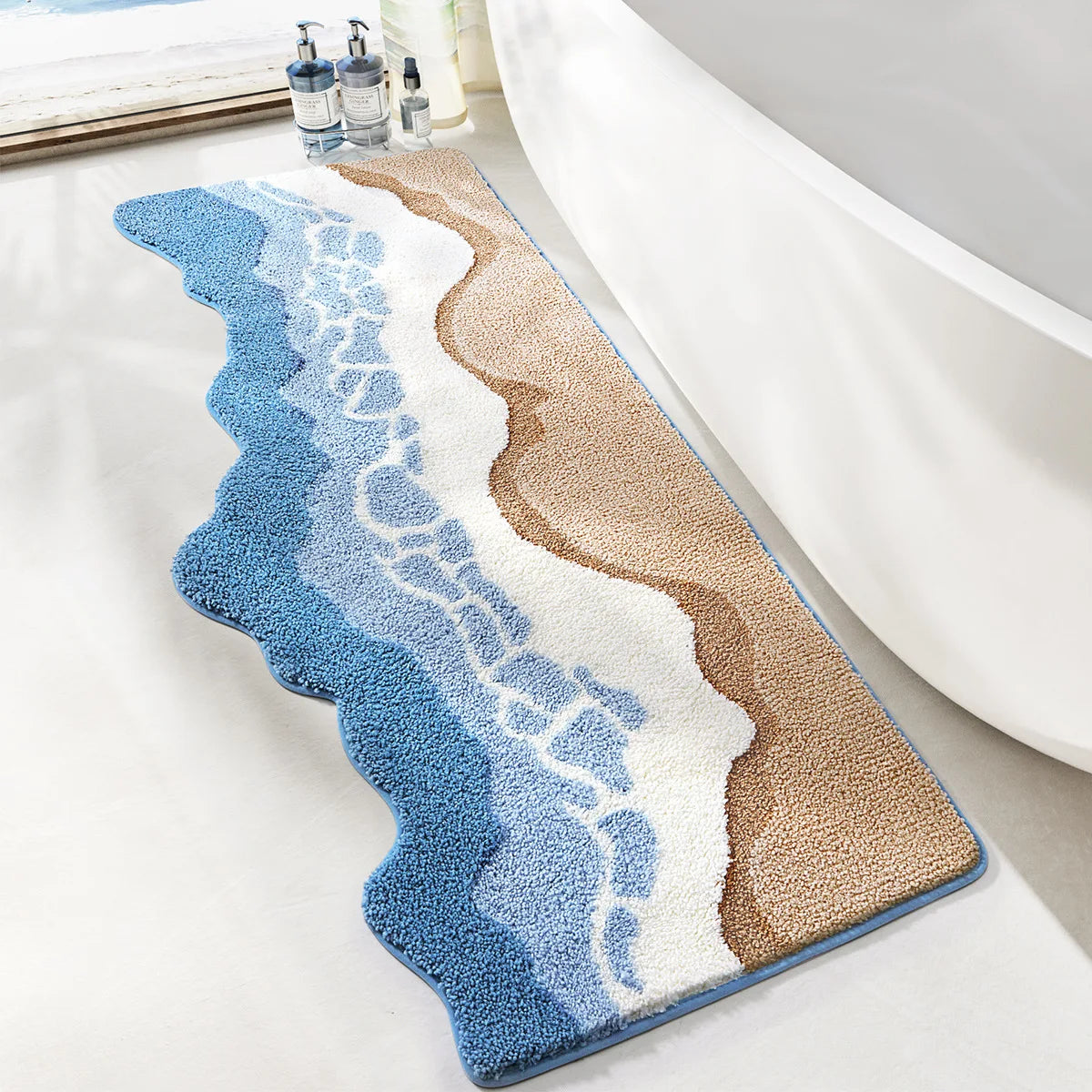 tapis bain moderne bleu beige blanc doux antidérapant imperméable salle bain maison