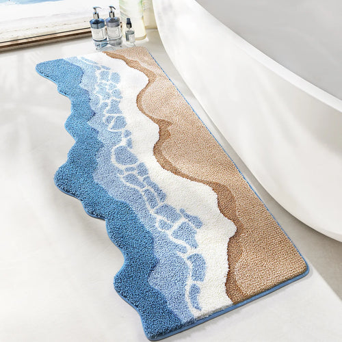 tapis bain moderne bleu beige blanc doux antidérapant imperméable salle bain maison