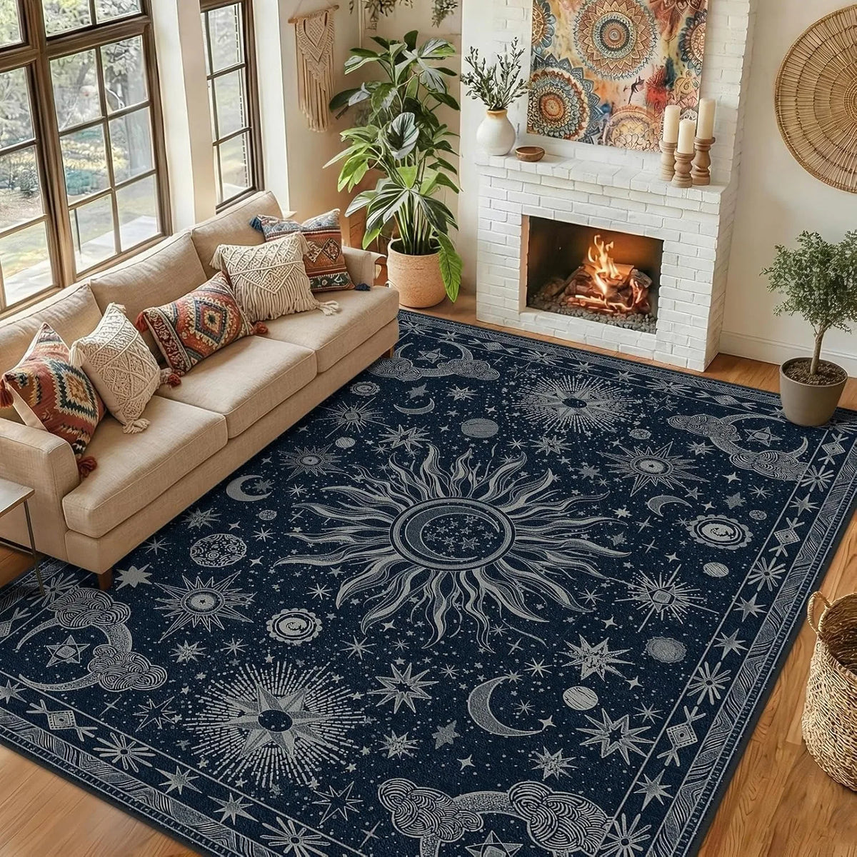 tapis bohème vintage motif soleil lune étoile beige vert foncé salon chambre décoration maison