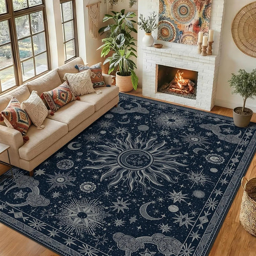 tapis bohème vintage motif soleil lune étoile beige vert foncé salon chambre décoration maison