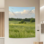 tapisserie paysagère vert bleu nuages herbe simple rectangulaire suspendue maison chambre salon