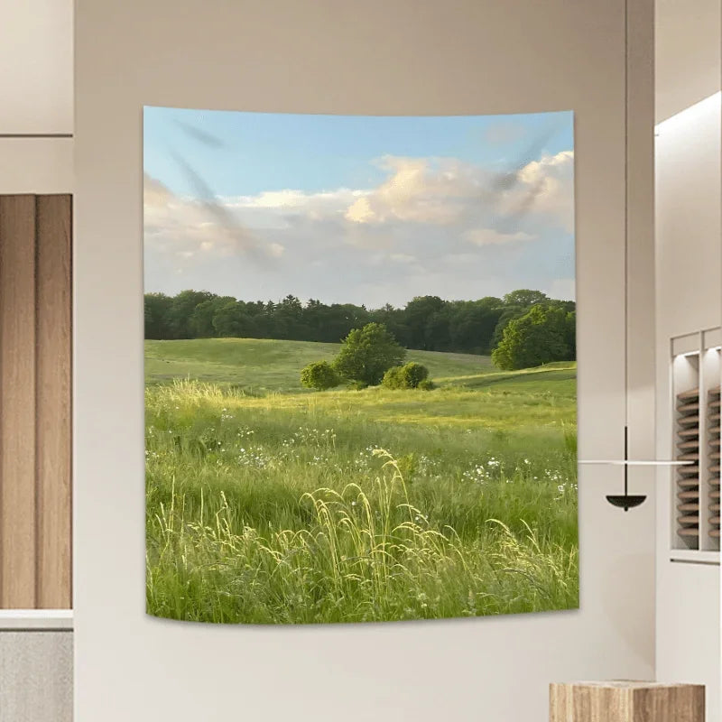 tapisserie paysagère vert bleu nuages herbe simple rectangulaire suspendue maison chambre salon