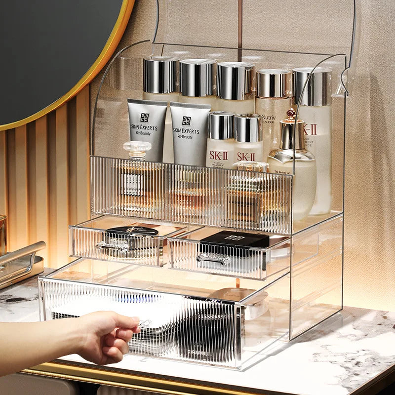 organisateur maquillage transparent rayures clips moderne bouteilles pinceaux cotons tiges