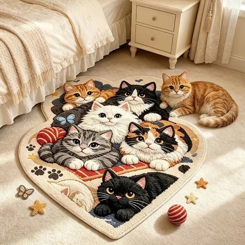 tapis forme cœur motifs chats colorés tapis chambre salon décoratif enfantin polyester polaire