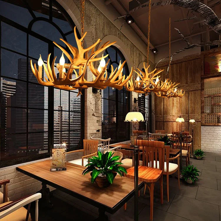 lustre vintage antlers marron clair salon rustique ampoules led murale cottage