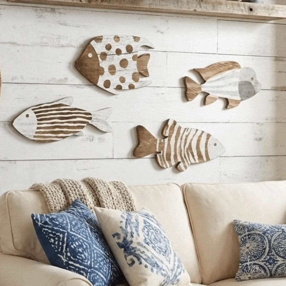 décoration murale poissons bois marin bord mer vieilli abstrait océan nautique étoiles coquillages filets