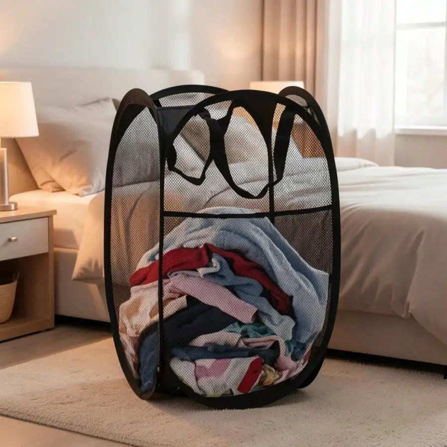 panier pliable maille noire moderne rangement linge poignées tissu minimaliste emménagement cadeau fête mères