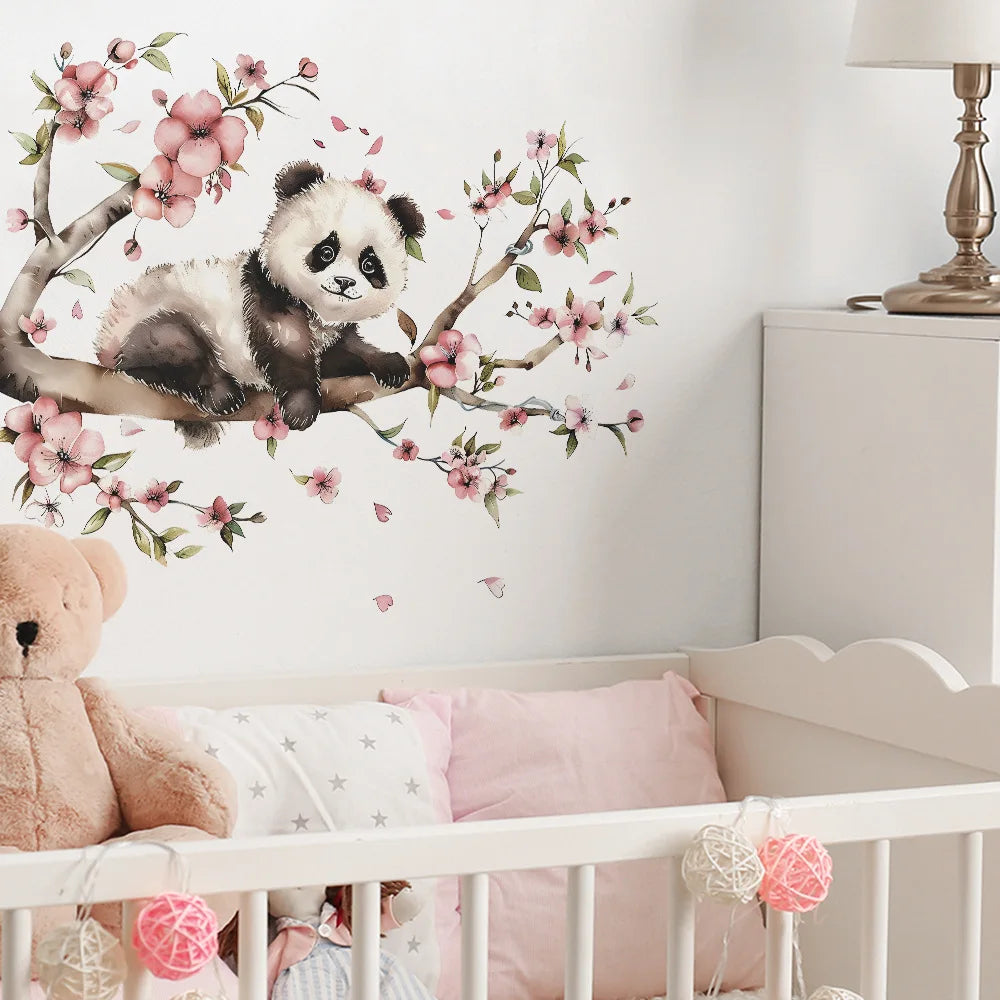 sticker mural panda fleurs illustration auto adhésif résistant eau chambre enfant décoration maison