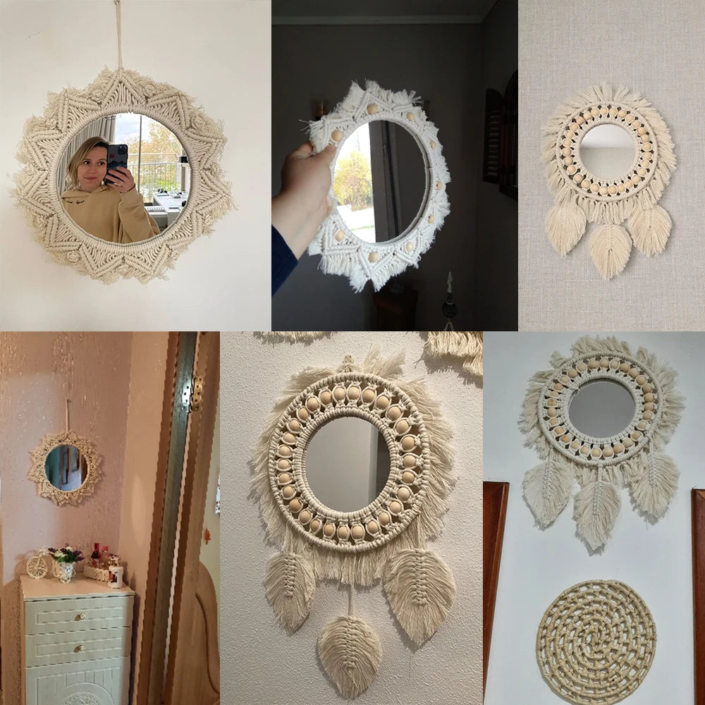 miroir décoratif boho blanc beige macramé franges artisanal