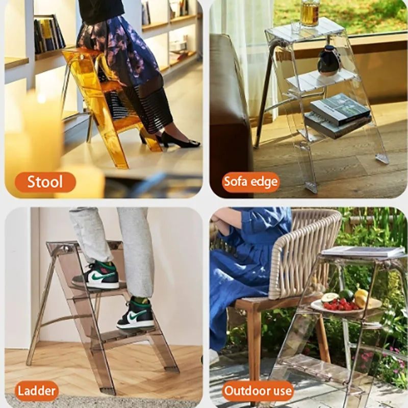 trois marches plastique transparent moderne minimaliste pieds métalliques porte ouverte poids 150kg