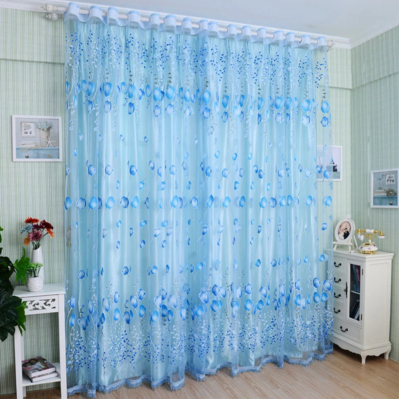 rideau moderne transparent gouttes bleues fond beige salon polyester anneaux