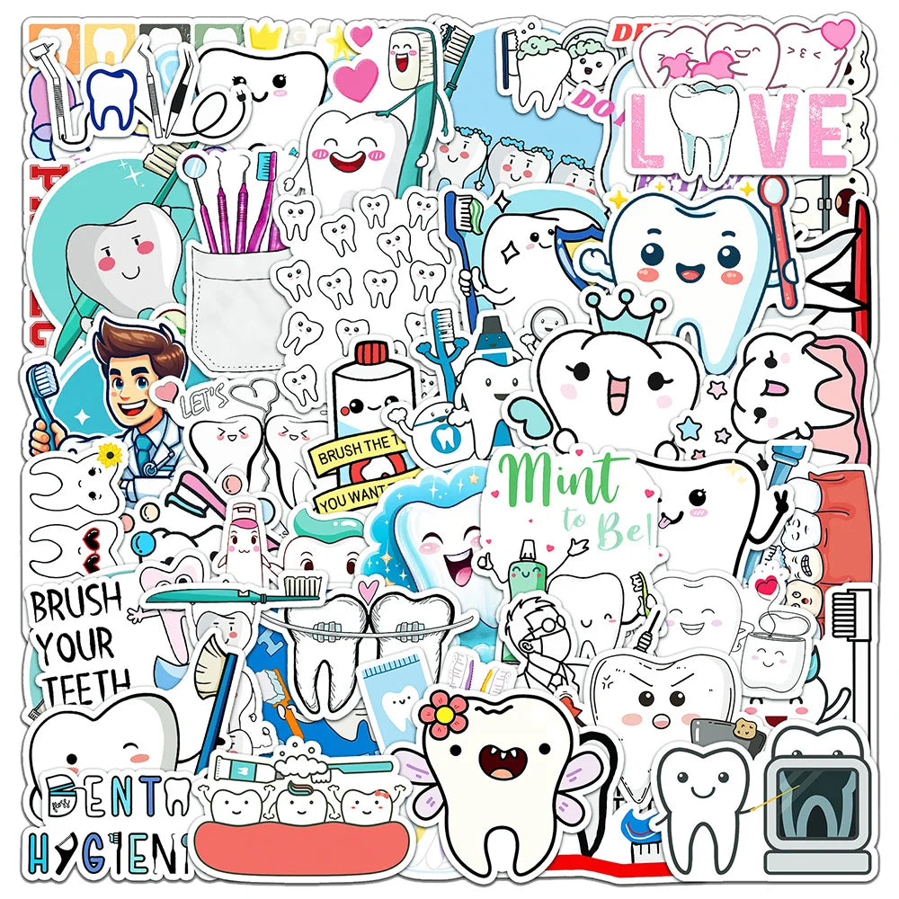 stickers dentaires mignon brosse dents dentifrice dessin animé bleu blanc rose vert noir gris